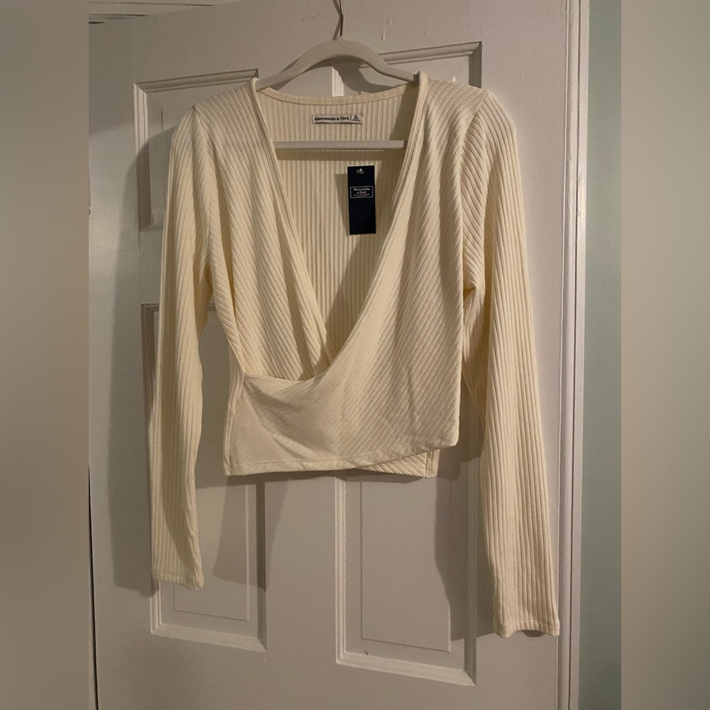 A&F Cream Ribbed Wrap Top